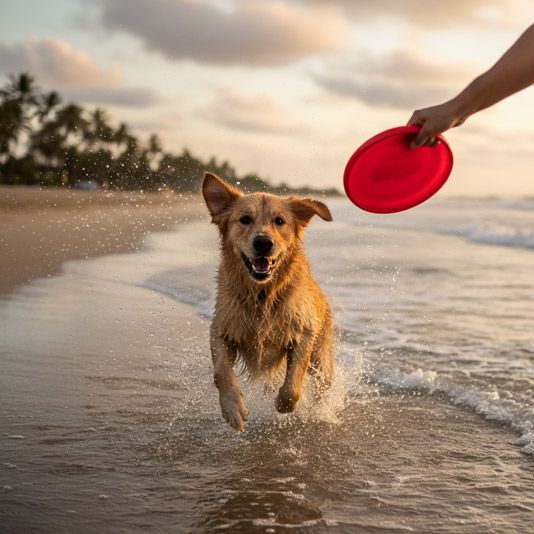 A dog running on a beach through water